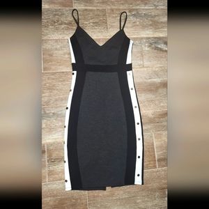 Fashion Nova Dress Grey Black/White stripes, gold accent buttons Size M